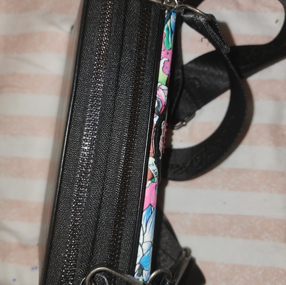 NWT Ed Hardy Black Pink Love Kills Slowly Large Wallet Crossbody Bag - Picture 3 of 5